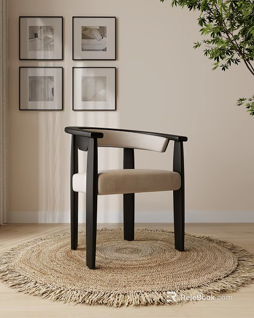 Modern Dining Chair With Black Frame And Beige Padded Seat And Backrest With Framed Art 3d model 