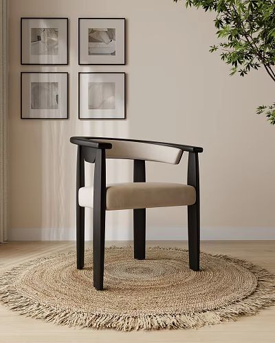 Modern Dining Chair With Black Frame And Beige Padded Seat And Backrest With Framed Art 3d model
