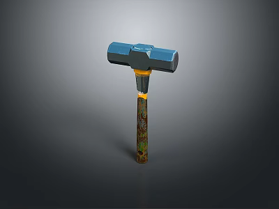 War Hammer With Blue Hammerhead Yellow Connecting Part And Wooden Handle With Patterns 3d model