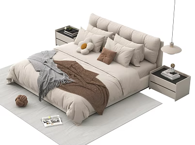 Modern Double Bed Cream Style Double Bedside Cabinet Chandelier 3d model