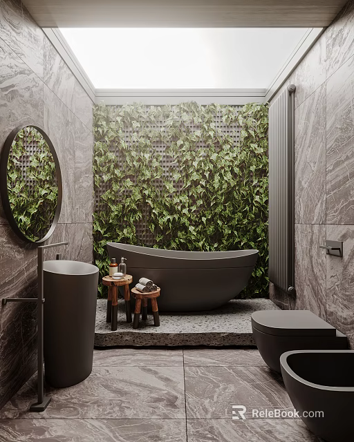 Modern Dark Tone Bathroom With Freestanding Bathtub Marble Tiles And Lush Green Vertical Plant Wall 3d model 