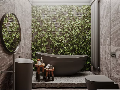 Modern Dark Tone Bathroom With Freestanding Bathtub Marble Tiles And Lush Green Vertical Plant Wall 3d model
