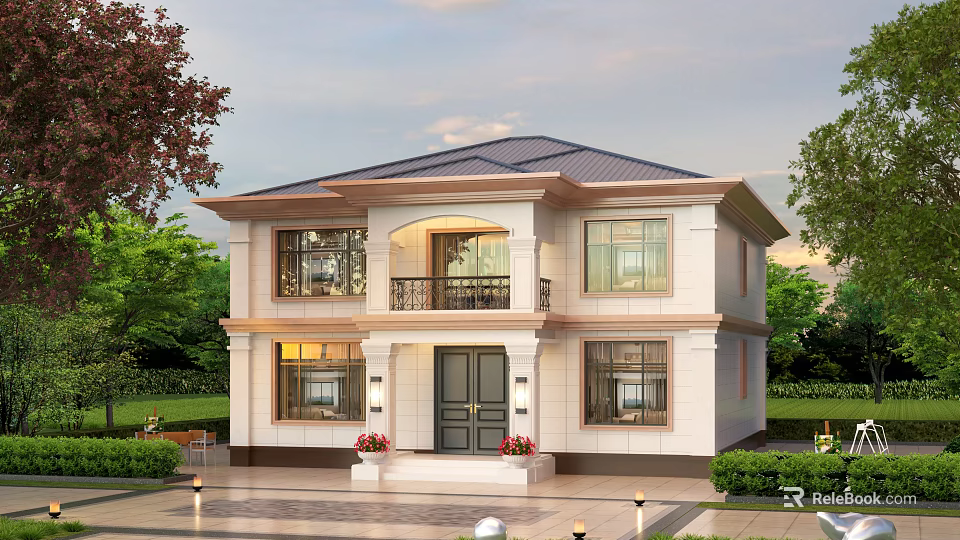 Two Story Detached Villa Exterior with Dark Roof Light Walls Front Porch and Lush Greenery 3d model 