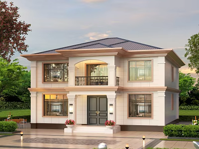 Two Story Detached Villa Exterior with Dark Roof Light Walls Front Porch and Lush Greenery 3d model