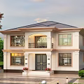 Two Story Detached Villa Exterior with Dark Roof Light Walls Front Porch and Lush Greenery