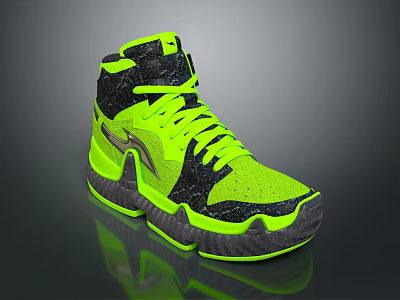 High Top Neon Green Black Athletic Shoes With Reflective Sole And Stylish Design 3d model