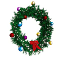 Christmas Wreath Decorated With Green Foliage Colorful Balls String Lights And Red Bow