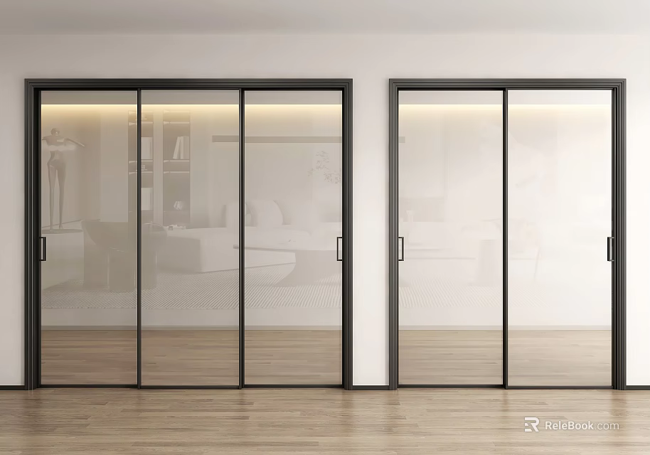 Modern Glass Sliding Doors Interior With Black Frames And Wooden Floor 3d model 