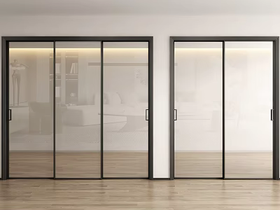 Modern Glass Sliding Doors Interior With Black Frames And Wooden Floor 3d model