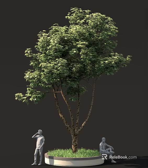 Lush Green Tree With Thick Trunk And Small Statues Against Dark Background 3d model 