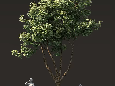 Lush Green Tree With Thick Trunk And Small Statues Against Dark Background 3d model