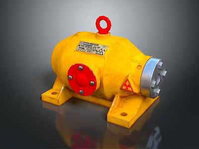 Yellow Metal Industrial Equipment With Red Lifting Ring Red Cover Supporting Feet And Warning Sign 3d model