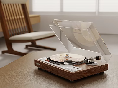 Vintage Turntable With Transparent Cover And Vinyl Record On Table 3d model