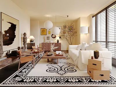 Middle Ancient Style Living Room Sofa Carpet Coffee Table Chandelier Decorative Painting Hanging Picture Side Cabinet 3d model