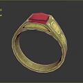 Gold Ring Featuring Square Red Gemstone And Intricate Engraved Details 3d model