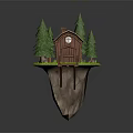 Cartoon Floating Island Scene with Wooden Cabin Pine Trees and Green Grass