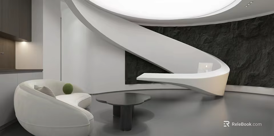 Modern Reception Desk With Curved Design Black Accent Wall White Sofa Round Coffee Table 3d model 