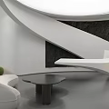 Modern Reception Desk With Curved Design Black Accent Wall White Sofa Round Coffee Table