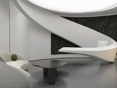 Modern Reception Desk With Curved Design Black Accent Wall White Sofa Round Coffee Table 3d model