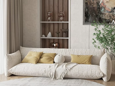 Ivory Sectional Sofa With Yellow Cushions Throw Blanket Wooden Wall Green Plant Cozy Modern Interior 3d model