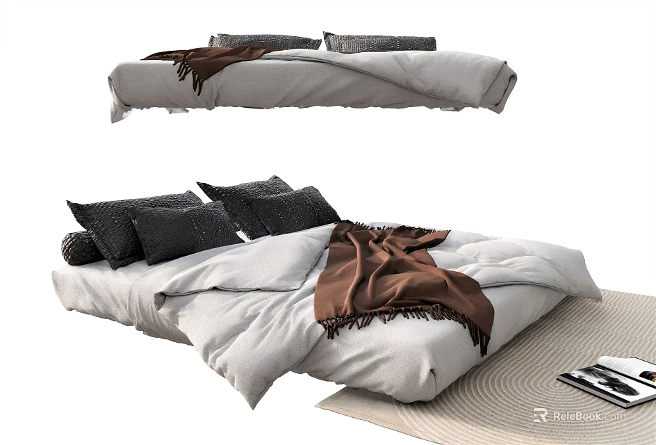 Modern Double Bed with Gray Black Pillows White Bedding and Brown Throw Blanket 3d model