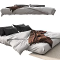 Modern Double Bed with Gray Black Pillows White Bedding and Brown Throw Blanket 3d model