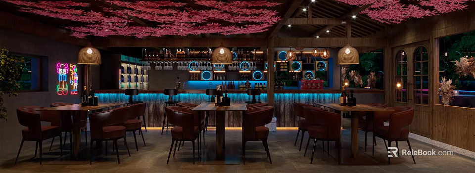 Elegant Bar Interior With Wooden Ceiling Decor Leather Seating And Warm Ambient Lighting 3d model 