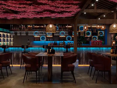 Elegant Bar Interior With Wooden Ceiling Decor Leather Seating And Warm Ambient Lighting 3d model