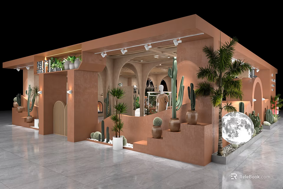 Stylish Terracotta Clothing Store With Arched Doorways Cacti Palm Trees And Moon 3d model 