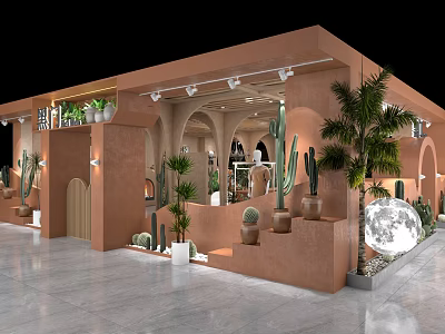 Stylish Terracotta Clothing Store With Arched Doorways Cacti Palm Trees And Moon 3d model