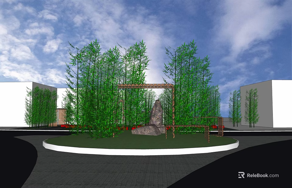 Garden Feature Design With Bamboo Trees Stone Centerpiece Wooden Frame And Circular Paved Area 3d model 