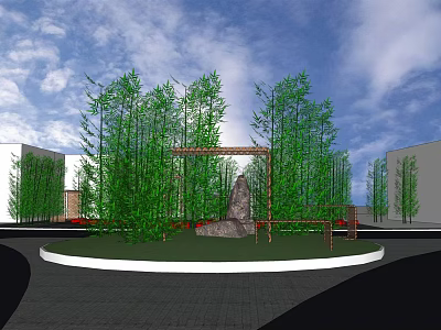 Garden Feature Design With Bamboo Trees Stone Centerpiece Wooden Frame And Circular Paved Area 3d model