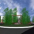 Garden Feature Design With Bamboo Trees Stone Centerpiece Wooden Frame And Circular Paved Area