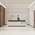 Modern Front Desk Reception Area with Receptionist Green Plant Wooden Shelves in Minimalist Design