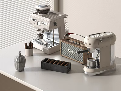 Modern Minimalist Kitchen Countertop With Coffee Machine Marshall Radio And Storage Accessories 3d model