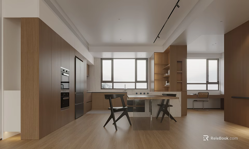 Modern Open Concept Living Dining Room Interior With Wooden Cabinets Dining Table And Windows 3d model 