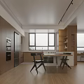Modern Open Concept Living Dining Room Interior With Wooden Cabinets Dining Table And Windows
