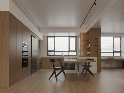 Modern Open Concept Living Dining Room Interior With Wooden Cabinets Dining Table And Windows 3d model