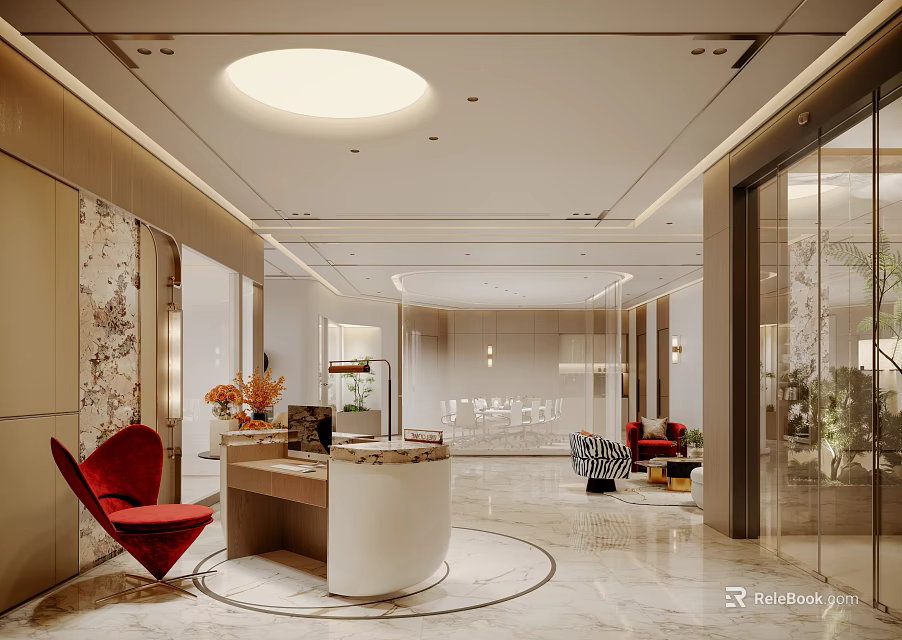 Modern Elegant Reception Desk Lobby With Marble Flooring Warm Lighting And Comfortable Guest Seats 3d model 