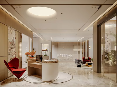 Modern Elegant Reception Desk Lobby With Marble Flooring Warm Lighting And Comfortable Guest Seats 3d model