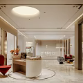 Modern Elegant Reception Desk Lobby With Marble Flooring Warm Lighting And Comfortable Guest Seats