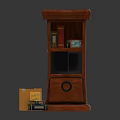 Red Wooden Bookcase With Glass Door Decorative Drawer And Stacked Books On Wooden Base