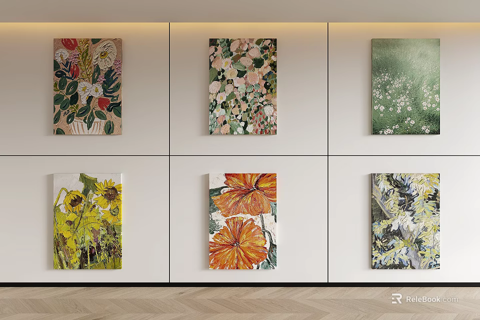Six Flower Paintings Displayed On White Wall 3d model