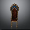 Medieval Wooden Chair Design With Red Cushioned Seat Arched Top And Blue Glass