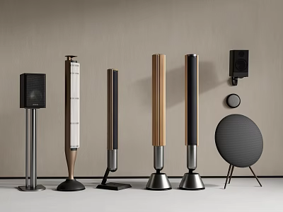 Various Styles Of Floor Standing Wall Mounted And Round Audio Speakers In Light Background 3d model
