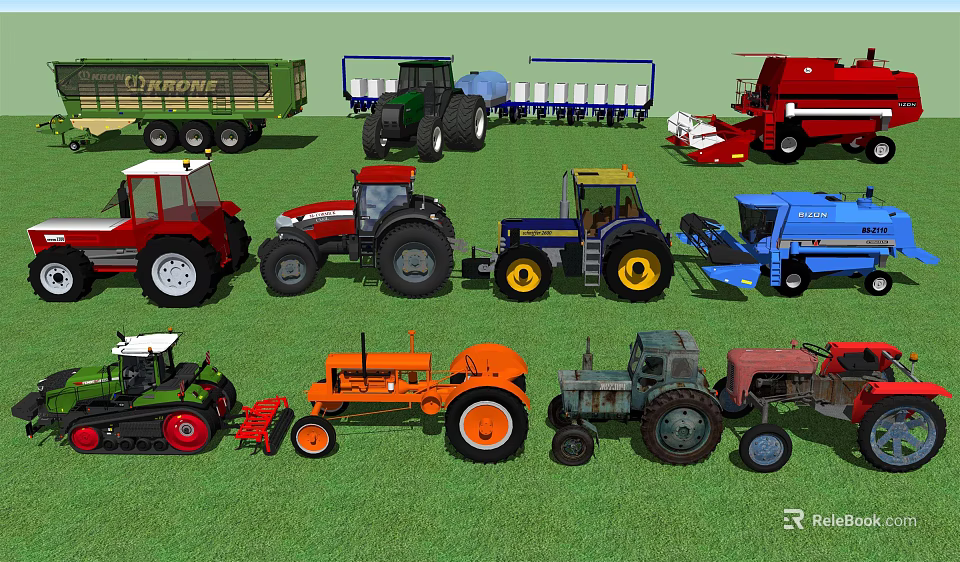 Various Types Of Functional Agricultural Vehicles And Machinery On Green Field 3d model 