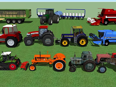 Various Types Of Functional Agricultural Vehicles And Machinery On Green Field 3d model