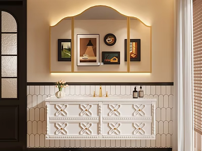 Elegant Bathroom Cabinet with Carved Design Gold Frame Mirror and Framed Artworks on Tile Wall 3d model