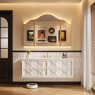 Elegant Bathroom Cabinet with Carved Design Gold Frame Mirror and Framed Artworks on Tile Wall 3d model