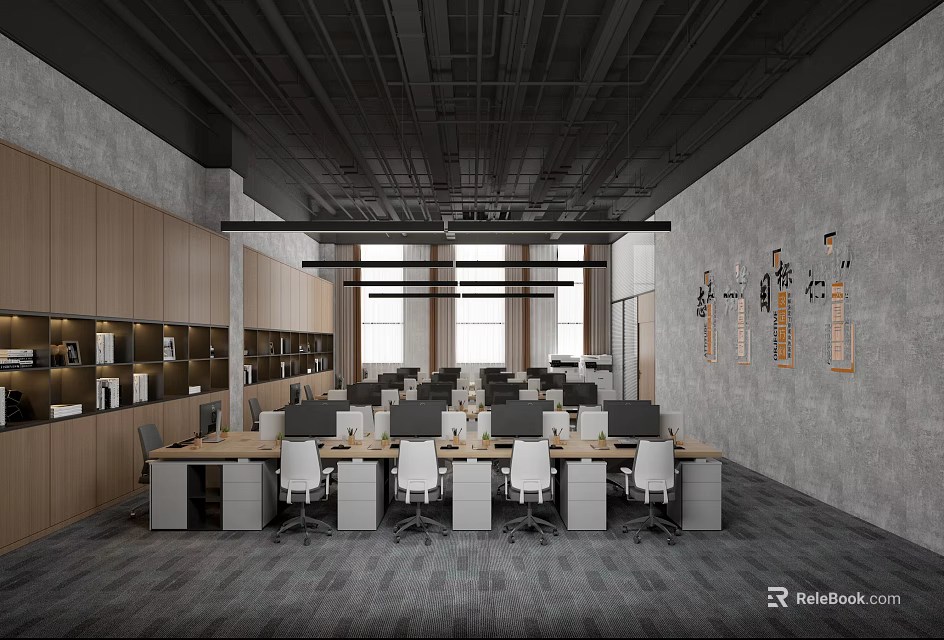 Public Office Space Interior With Open Layout Desks Chairs Computers And Industrial Ceiling 3d model
